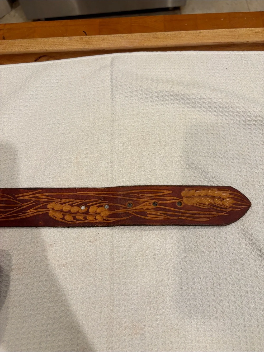 Hand-Tooled Brown Leather Belt with Wheat Motif- Don-w/ Solid Brass Belt Buckle